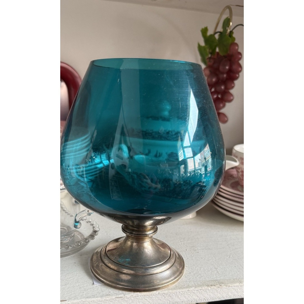 Mid Century Alvin Silver And Teal Glass Snifter
